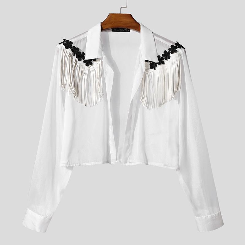 

INCERUN Men Long Sleeve Embroidery Tassel Patchwork Open Front Cropped Shirts 3XL білий