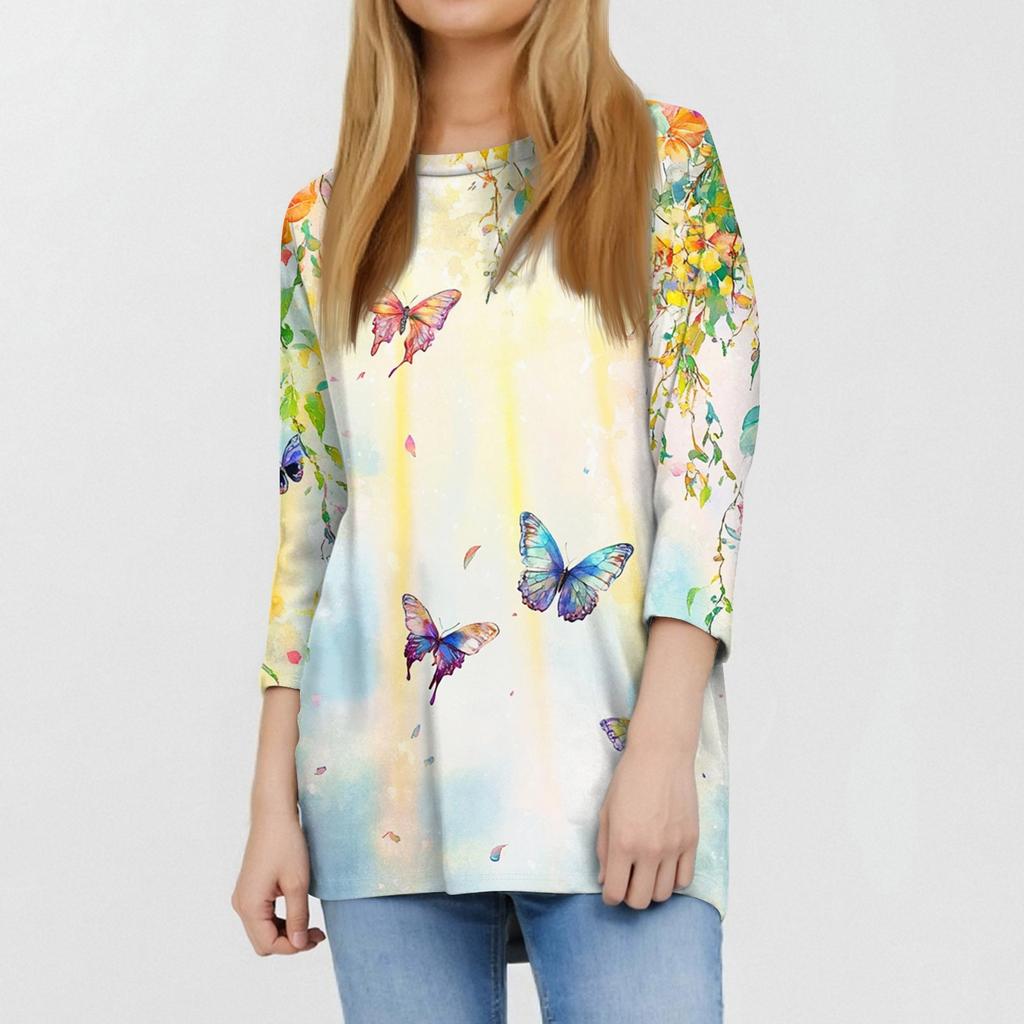 Women's Fashion Casual Round Neck 3/4 Sleeve Loose  Printed T-Shirt Ladies Top