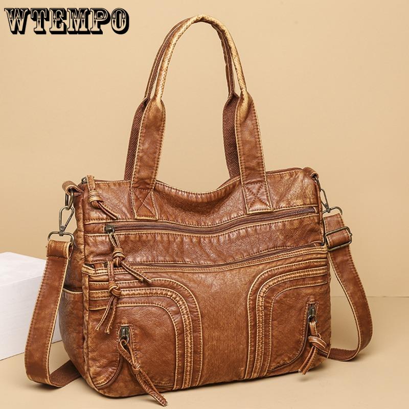 WTEMPO Retro sepraná kožená kabelka Módní Velkokapacitní vícekapsová Tote Bag Women