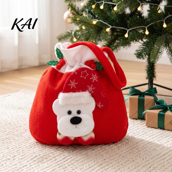Drawstring Candy Pouches Christmas Flannel Bags, Fruit Cookie Packing Bag, Cute Holiday Goodie Bags Snowman/Santa/Elk Gift Wrap Bag for Presents,