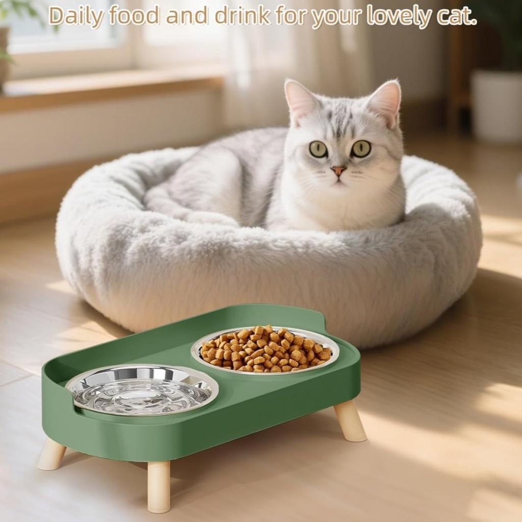 1pc Stainless Steel Double Bowl Cat and Dog Drinking and Eating Bowl, Sturdy, Durable and Splash Proof