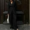 Womens 2026 Winter Solid Color Buttoned Faux Pocket Long Sleeve Blazer Straight Pants 2-Piece Set