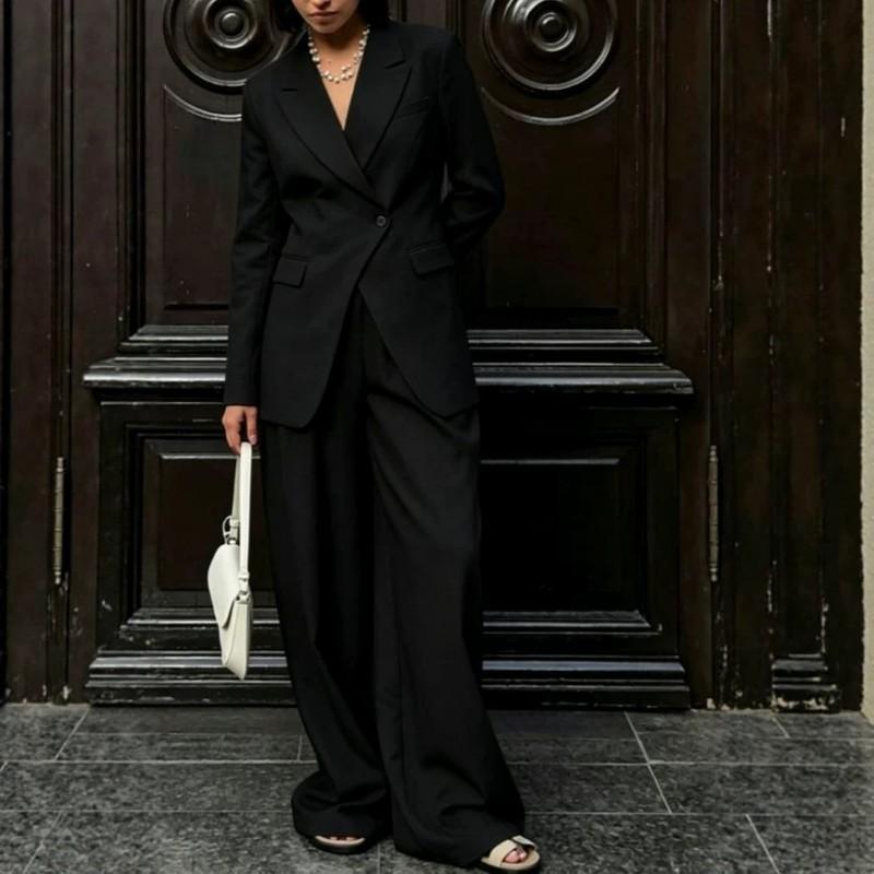 Womens 2026 Winter Solid Color Buttoned Faux Pocket Long Sleeve Blazer Straight Pants 2-Piece Set