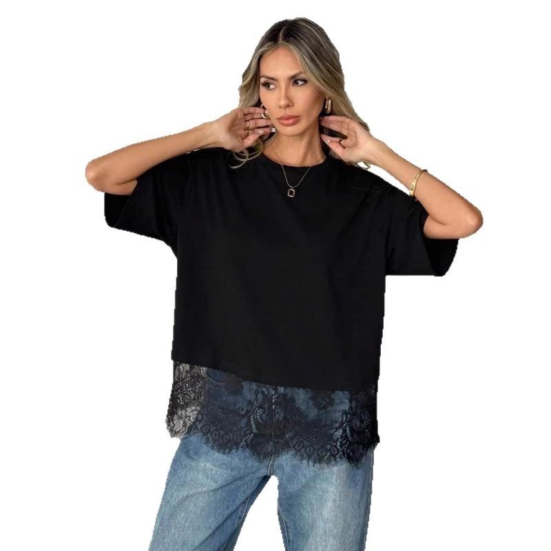 Women Crew Neck Loose Short Sleeve Lace Hem Splicing Casual Oversized T Shirt