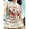 Les Dessert Strawberry & Letter Print T-Shirt, Casual Crew Neck Short Sleeve T-Shirt For Spring & Summer, Women's Clothing