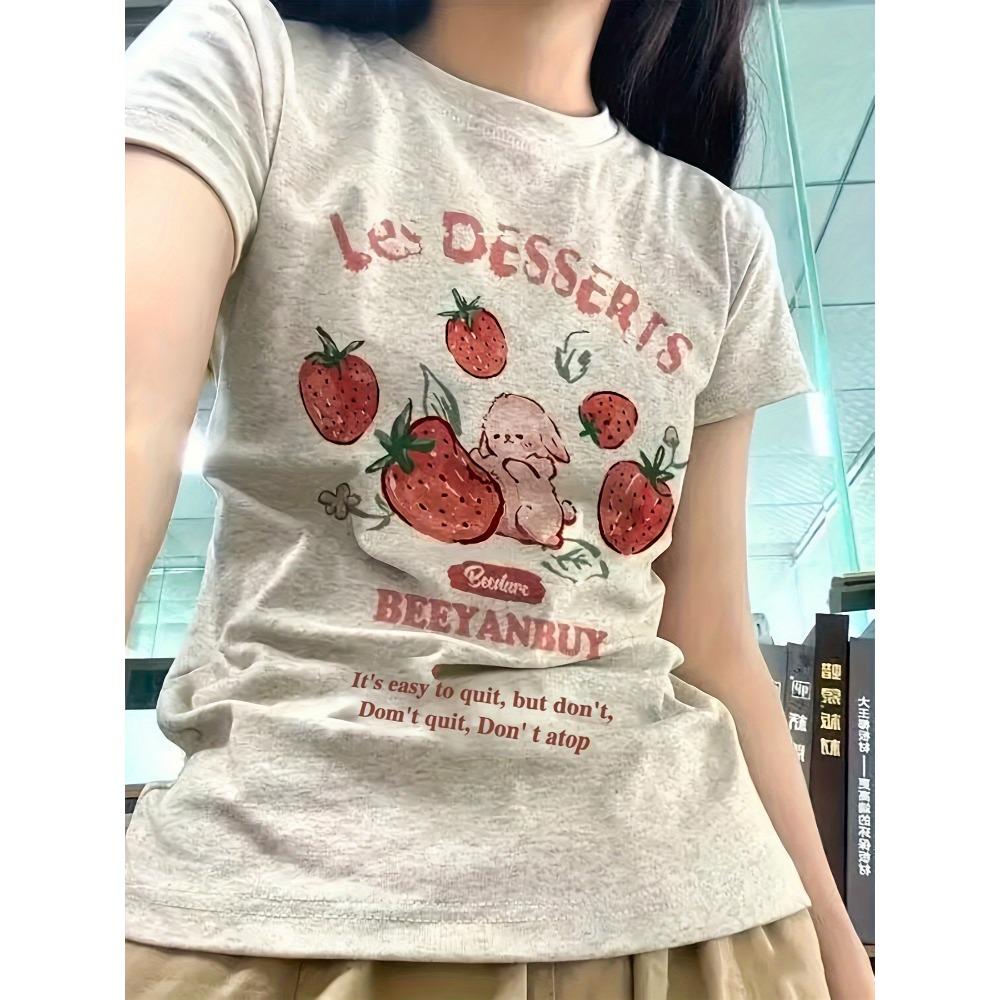 Les Dessert Strawberry & Letter Print T-Shirt, Casual Crew Neck Short Sleeve T-Shirt For Spring & Summer, Women's Clothing