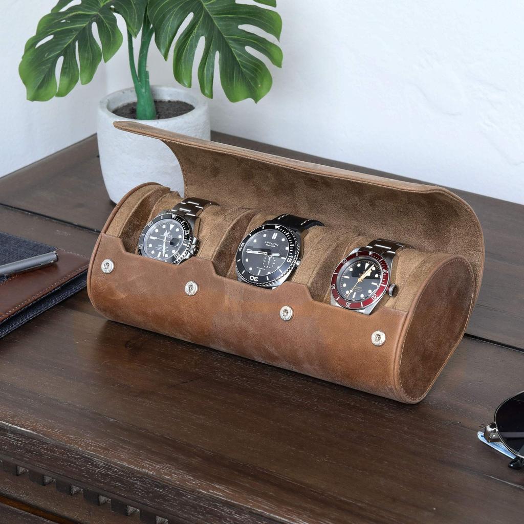 ROTHWELL Watch Roll Travel Case for 3 Watches Genuine Leather for Durable Portable Fits All Watches and Smartwatches Up To 50mm 100% Protection,