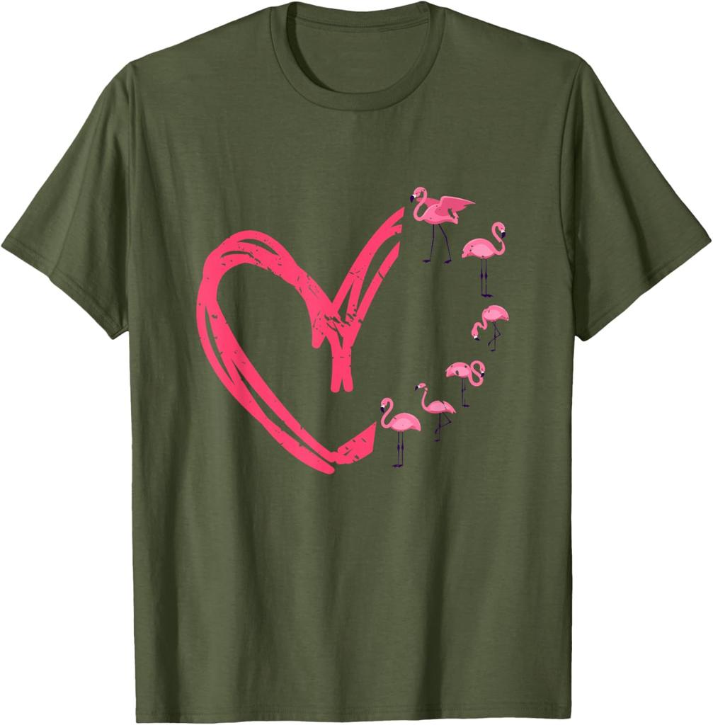 Flamingo Heart Graphic T-Shirt Casual Men's Short Sleeve Crewneck Cotton Tee Valentine Day