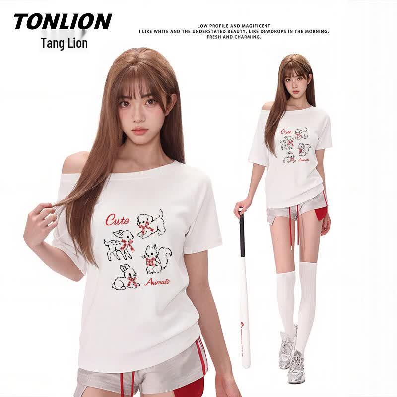 TonLion Women s Off-Shoulder Puppy Graphic T-Shirt XL