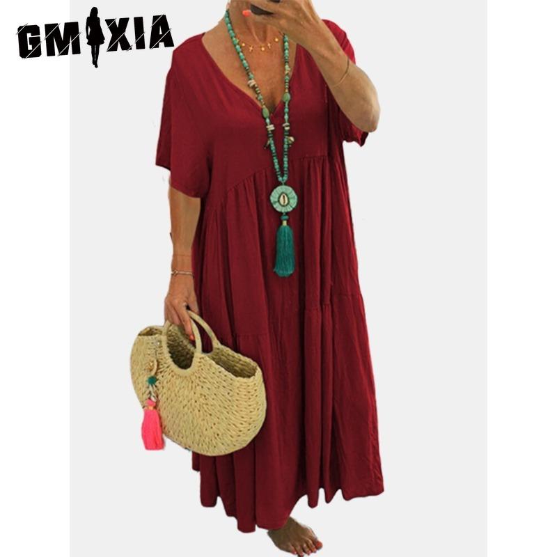 GMXIA Moda damă vară primăvară culoare uni imprimeu mâneci scurte cu decolteu în V talie înaltă rochii casual
