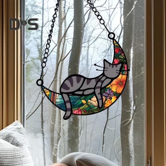 Cat Sleeping On Moon Hanging Decoration Living Room Wall Window Hanging Stained Glass Cartoon Kitten Suncatcher Colorful Acrylic Ornament Pendant