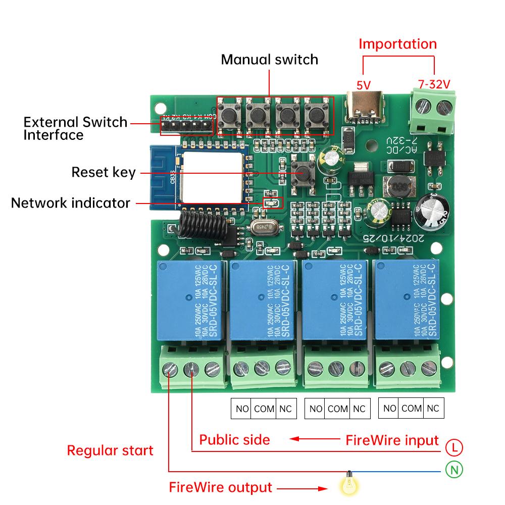 Tuya Smart Relay Switch Module 2.4GHz Wifi Motor DC7-32V RF 433MHZ Remote Control 4 Channels Inching Relay for Alexa Google Home