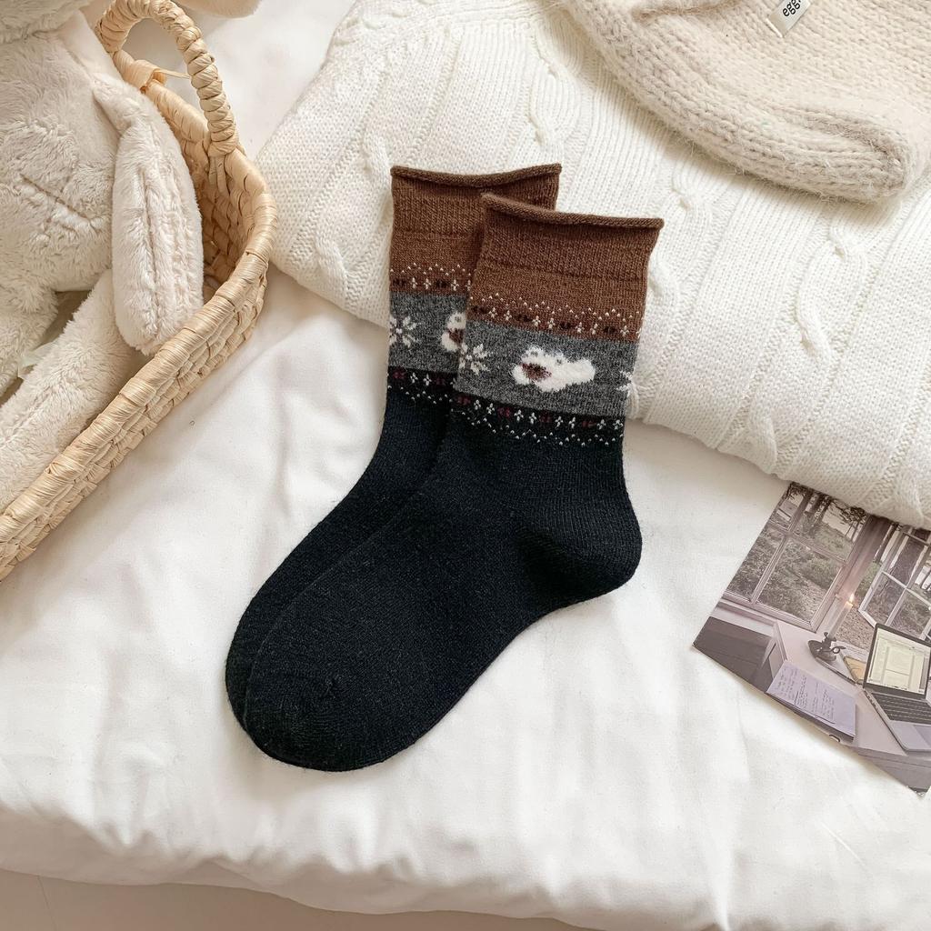 Female Autumn and Winter Thickened Warm Retro Cartoon Boneless Flocking Puppy Wool Drum Pile Socks