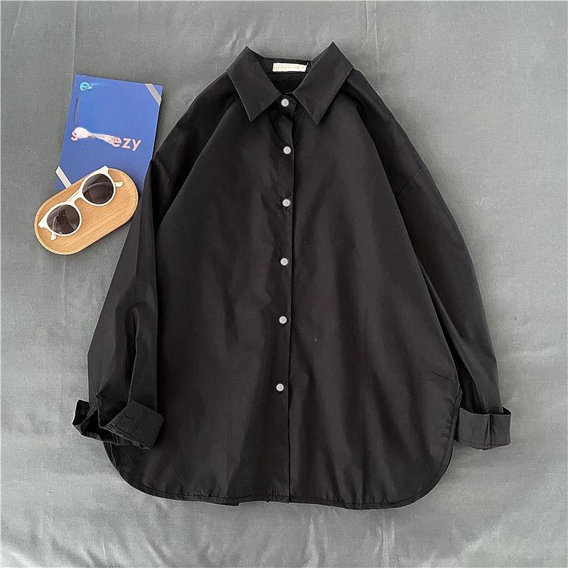 

Женская винтажная тонкая рубашка, повседневная блузка с длинным рукавом, кардиган, пальто, женская универсальная рубашка на пуговицах, свободные однотонные топы XXL чёрный