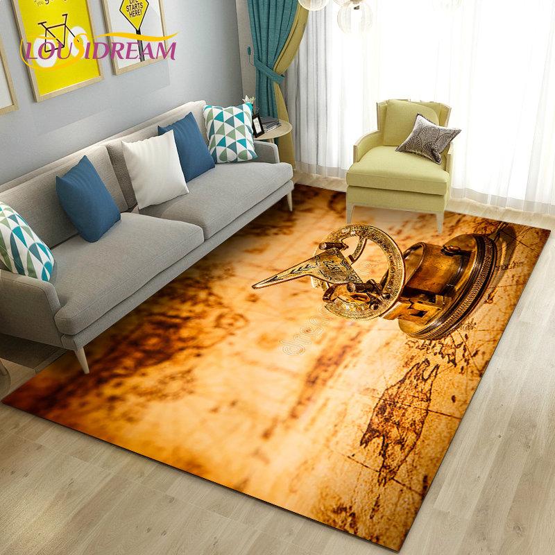 Alfombra retro con diseño de mapa del mundo vintage y brújula, para sala de estar, dormitorio, sofá, decoración, alfombra antideslizante para el suelo