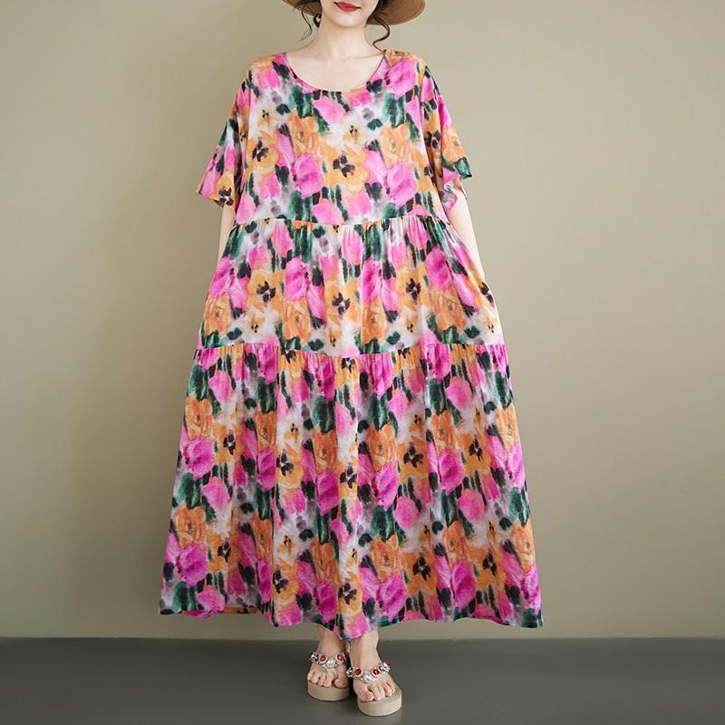 Short Sleeve Plus Size Vintage Floral New In Dresses for Women Casual Loose Long Summer Dress