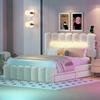 140 X 200 Upholstered Bed, Upholstered Bed with 4 Drawers, Upholstered Bed with LED Light Strip with USB and Sound System, Beige