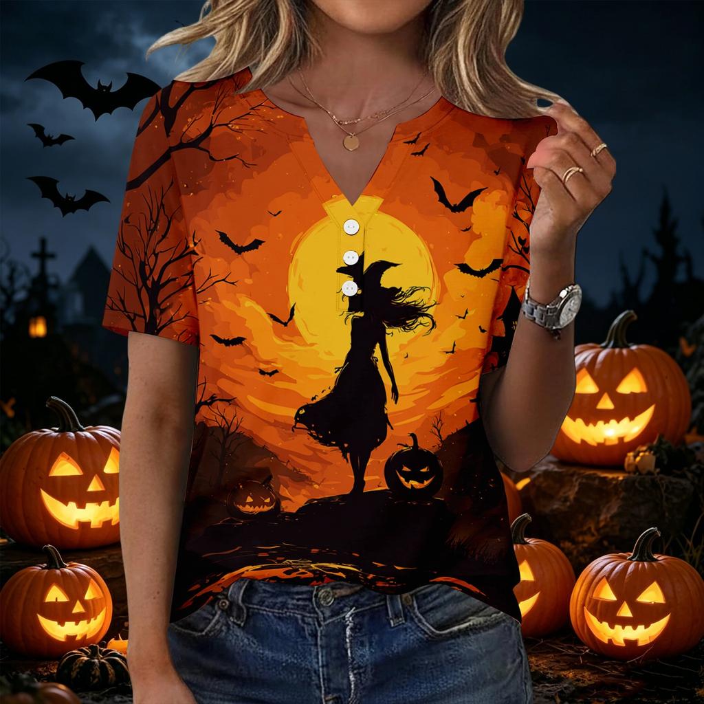 Women's Casual Halloween Print V Neck Short Sleeve Button Front T Shirt Top Lightweight Comfortable Fit for Everyday Wear