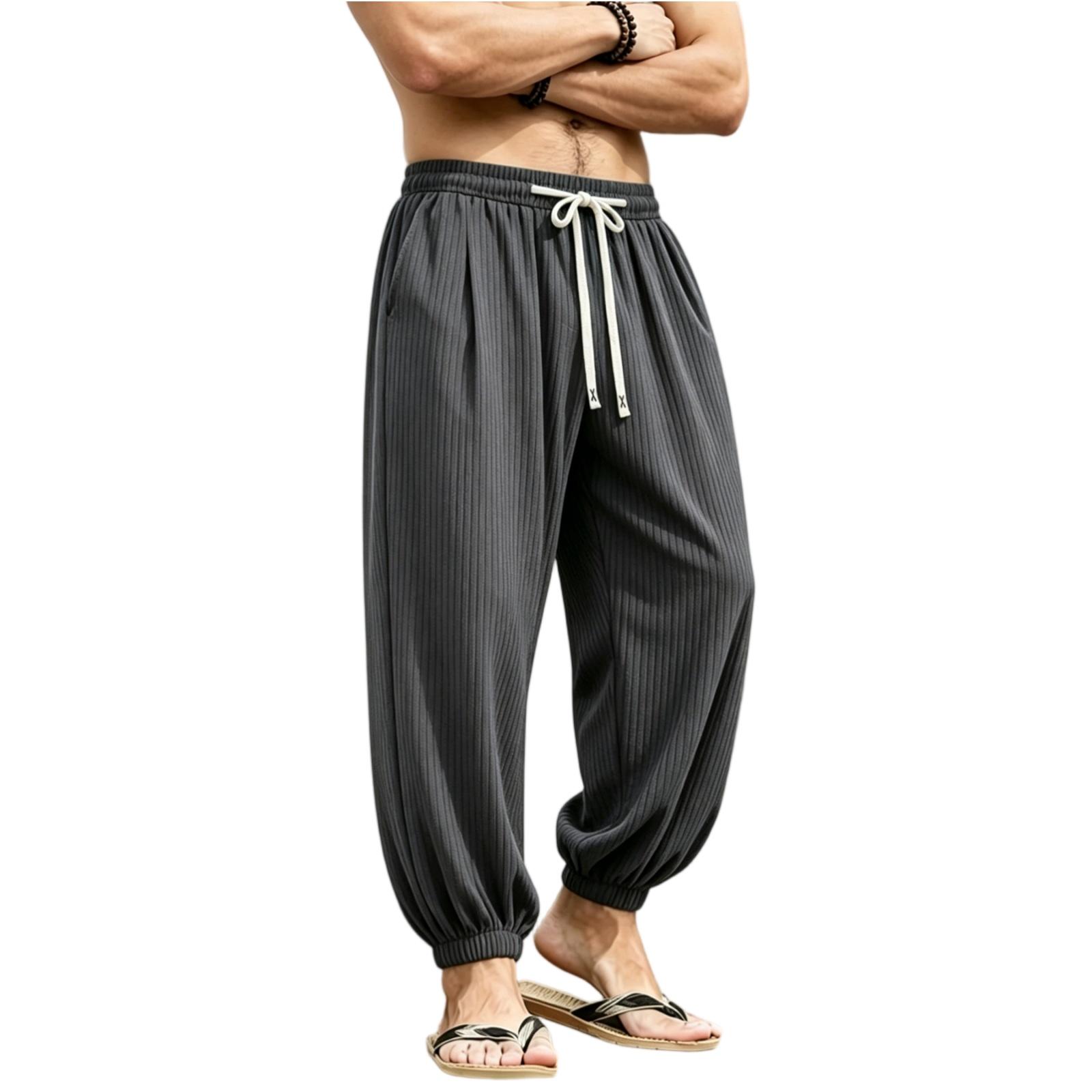Men s Jogger Pants Elastic Waist Drawstring Ribbed Texture Breathable Casual Trousers with Tapered Cuffs Relaxed Fit S