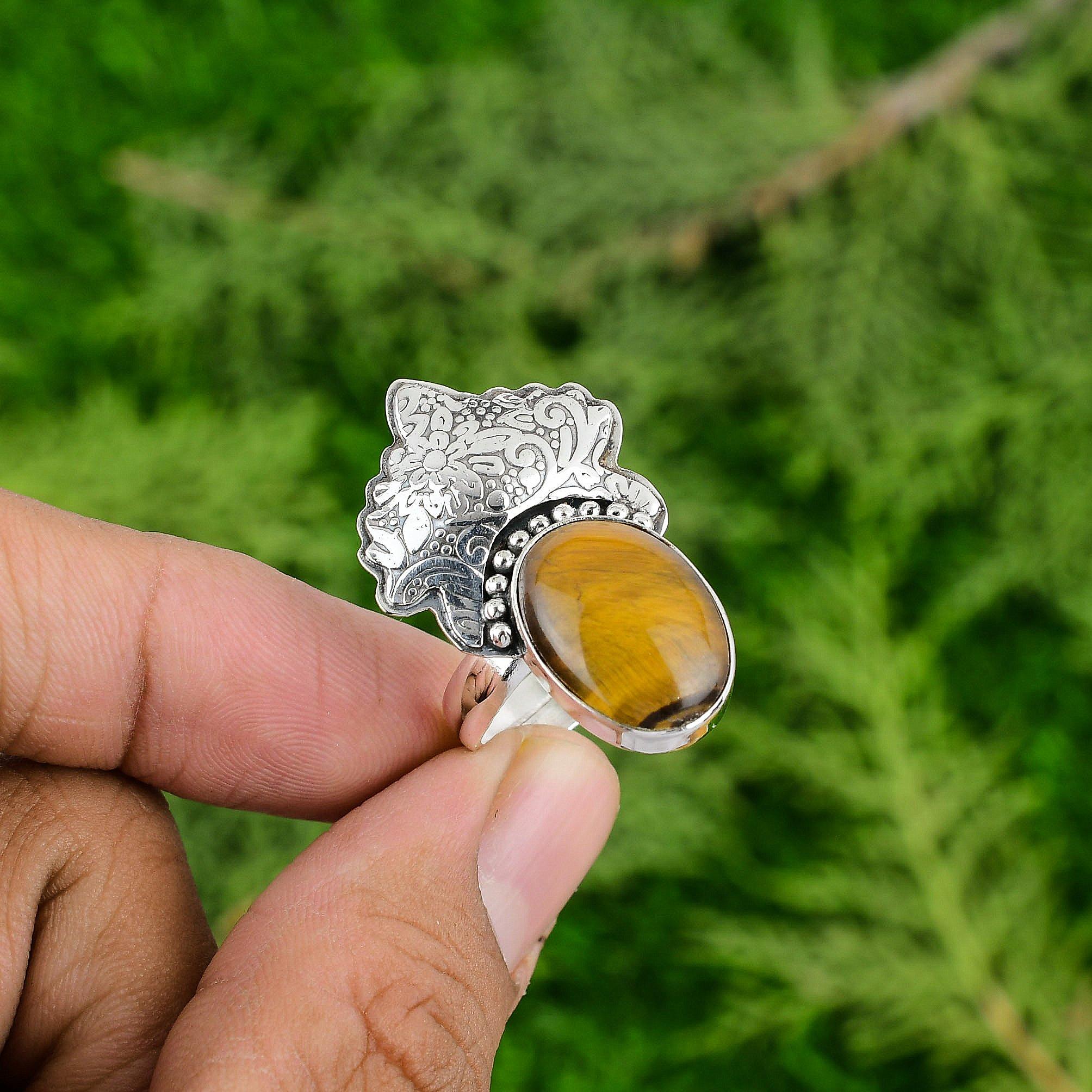 

925 Sterling Silver Tigers Eye Stone New Statement Birthday Sister Ring Jewelry Adjustable