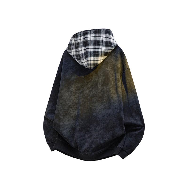 Autumn Men'S Contrasting Color Splicing Plaid Fake Two-Piece Sweater Men'S Casual Loose Hooded Sweater