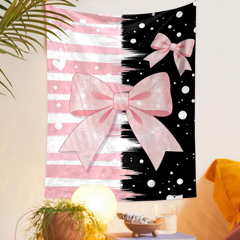 Pink Glitter Bow on Striped Background Patterned tapestry home decor, suitable for bedroom and living room, gift