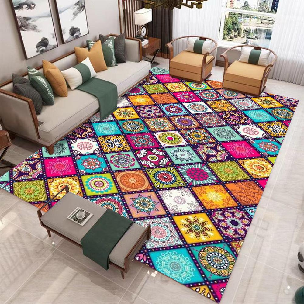 Bohemian Mandala Floral Carpet With Colorful Geometric Collage Design Retro Art Style NonSlip Rug For Living Room Sofa Area
