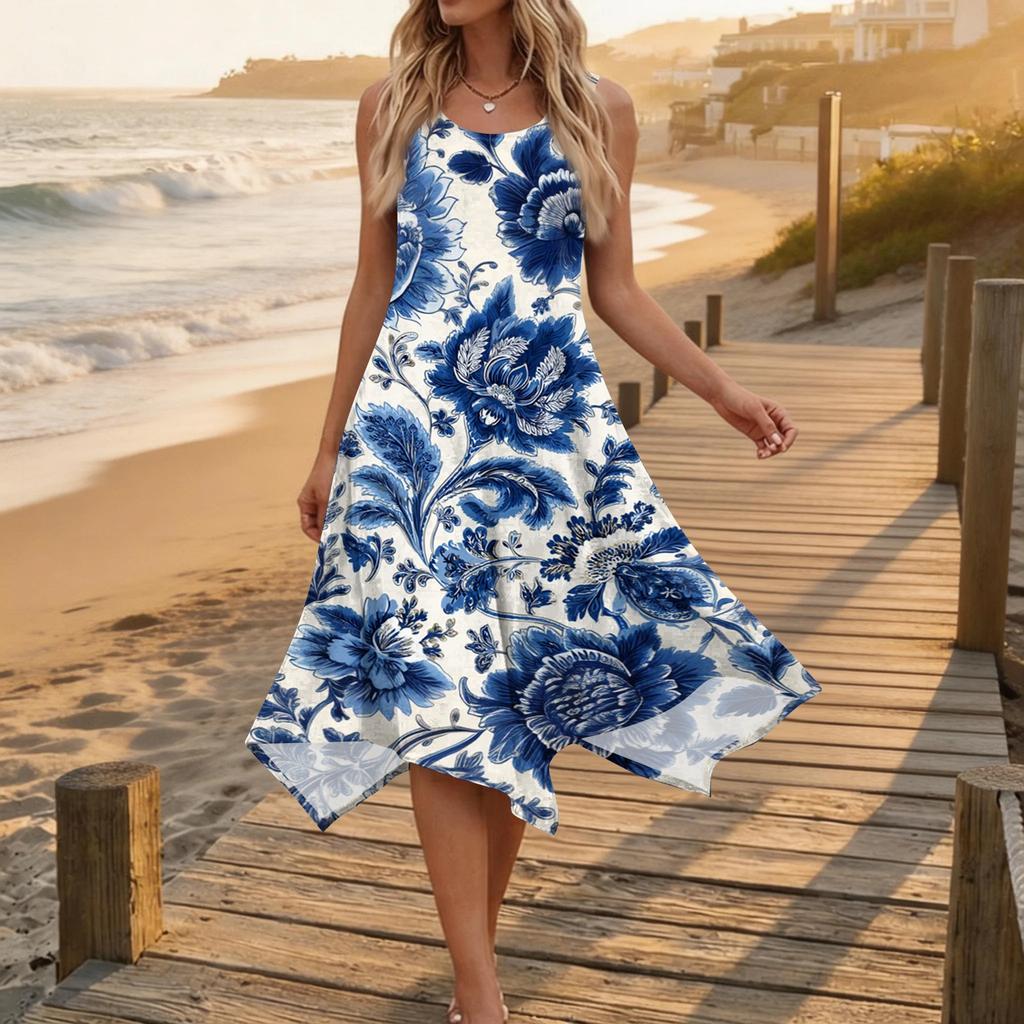 Women's Casual Sleeveless Floral Midi Dress, Round Neck Irregular Hem Summer Dress