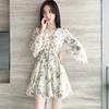 Ins High-end Floral Dress Summer New Small Man Coffee Break French V-neck Horn Sleeve Short-sleeved Dress