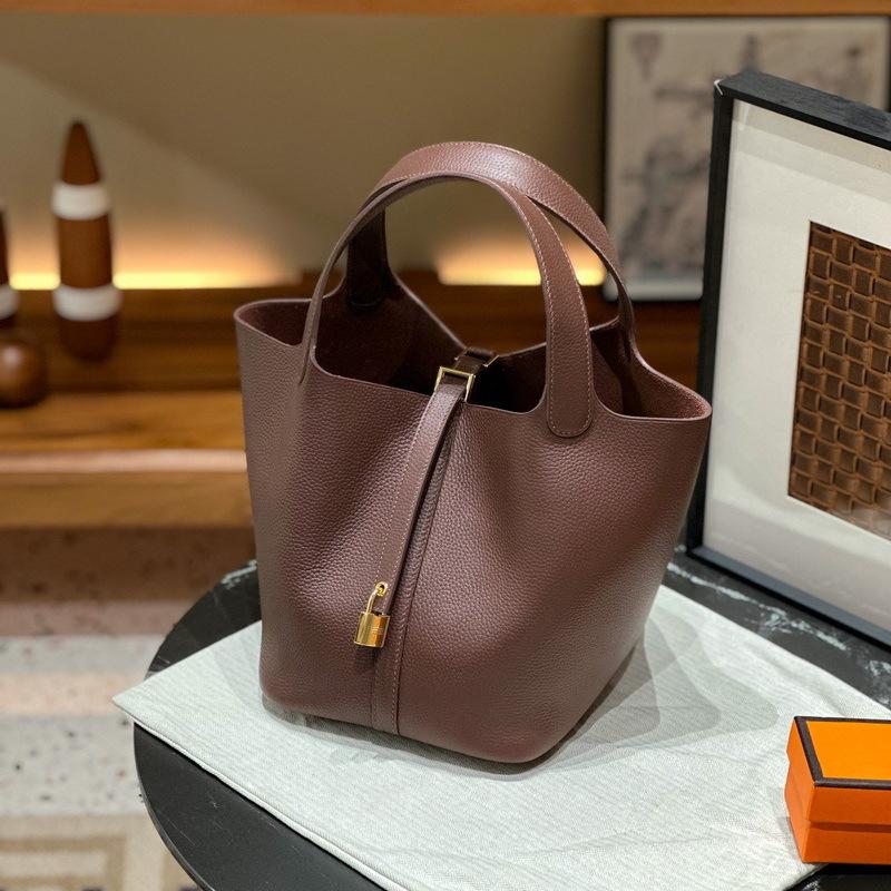 New Genuine Leather Women's Bag Head Layer Leather TOGO Leather 1822CM Vegetable Basket Handheld Bucket Bag Cross Border