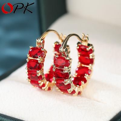 Fashionable Elegant Delicate Pink Red Oval Cubic Zirconia Earrings for Women Jewelry Sets