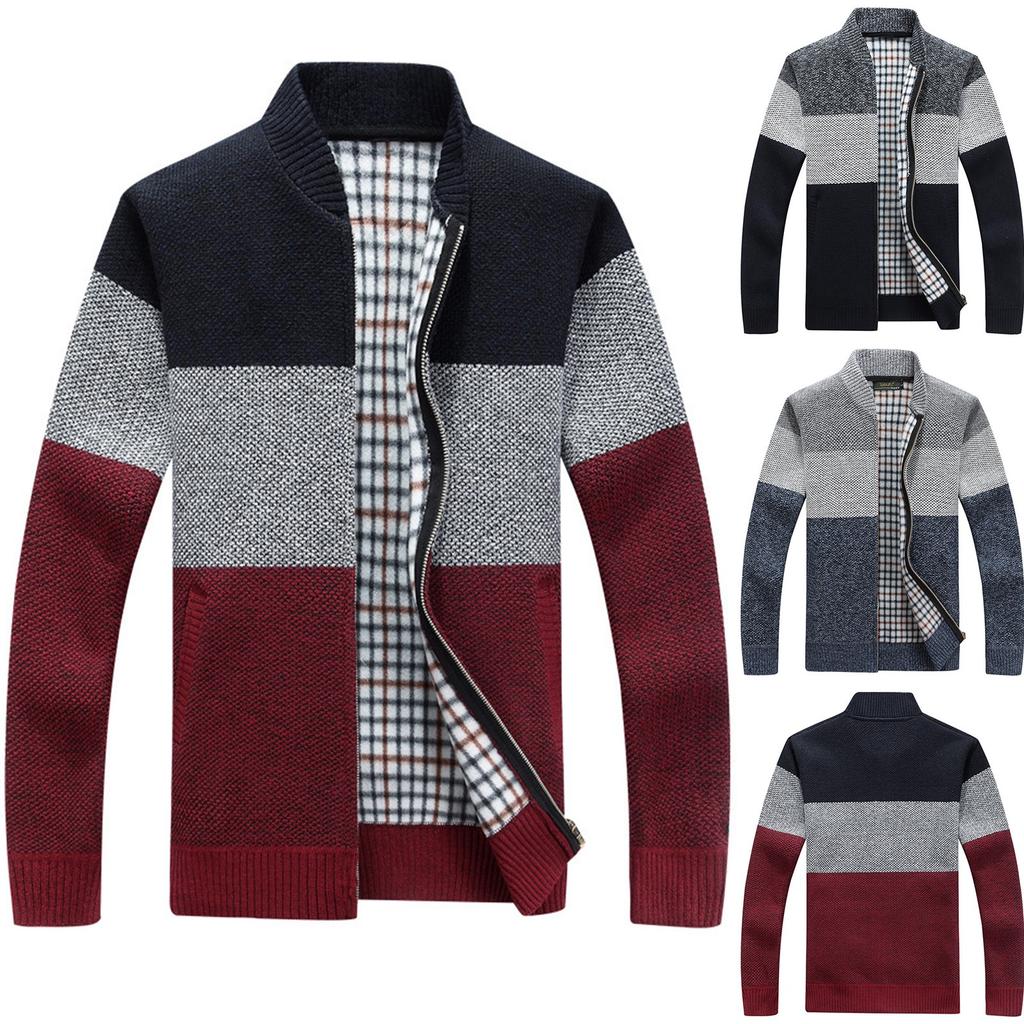 Men's Long-sleeved Stand-up Collar Colorblock Plush Thickened Cardigan Sweater Slim Fit Casual Sweater