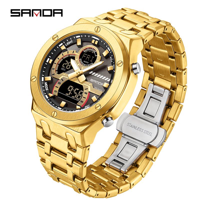 Sanda Octagonal Steel Band Multifunctional LED Light Watch for Men - TikTok Trendy Heartbeat Monitor Watch