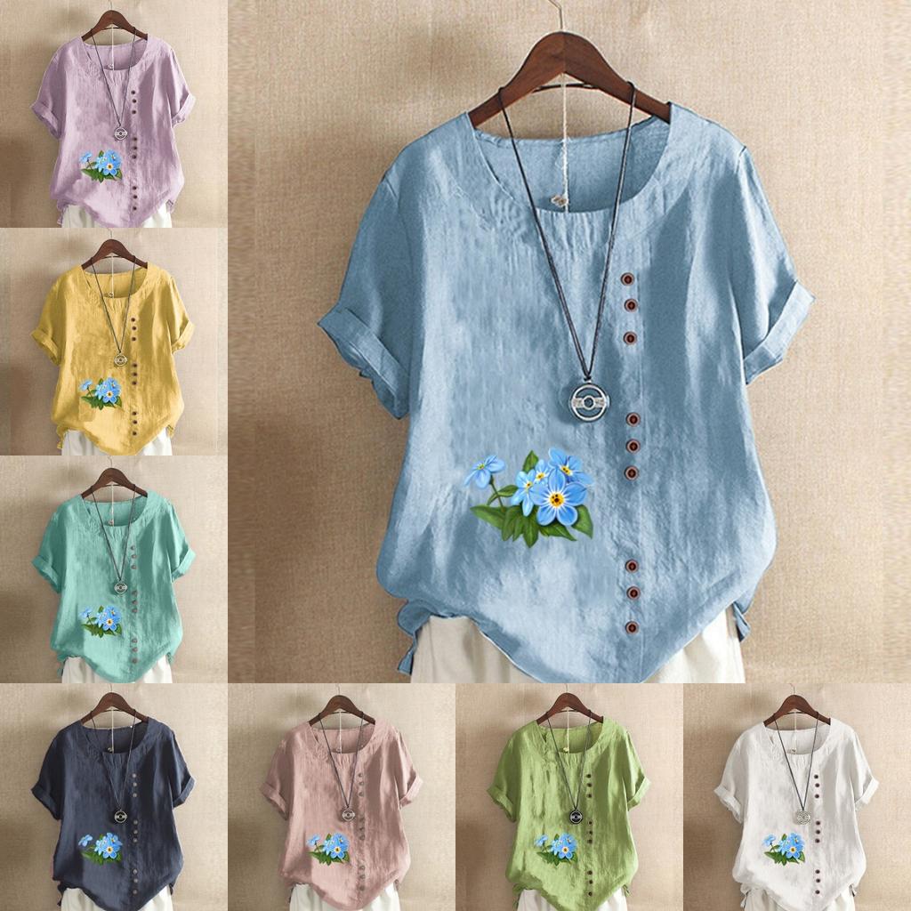 Women's Fashion Flower Prined Short Sleeve T-shirt Loose Cotton Shirt Casual Loose Summer Blouse Tops