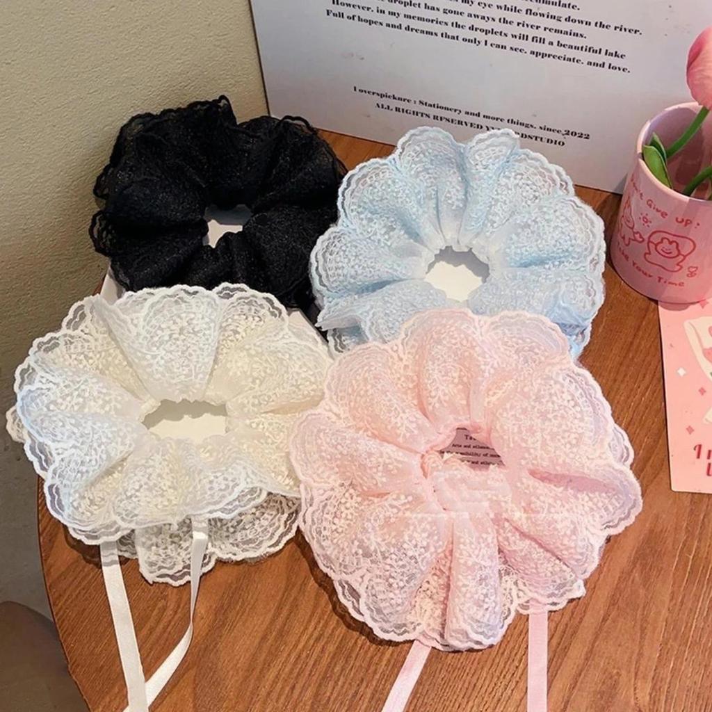 Lace Hair Ties Adjustable Bow Scrunchies with Drawstring for Women Girls Hair Accessories Party Matching