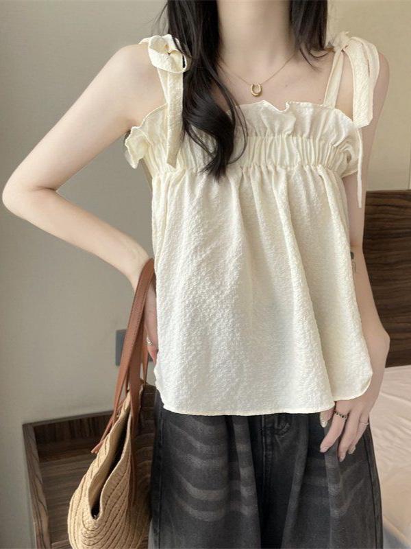 Women's Sweet & Fresh Textured Cropped Tie-Up Camisole: Summer 2026 Ruffle, Loose, Slimming Top