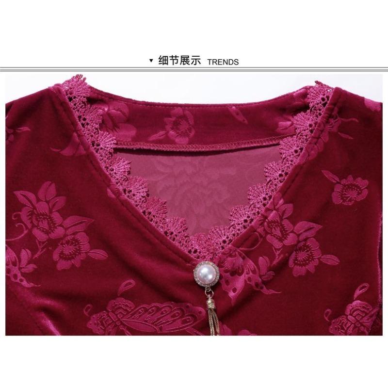 Lace Spliced Long-sleeved Pullover V-neck Fashion Casual Printed Long-sleeved Top