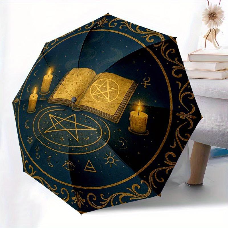 Enchanted Spellbook & Candle Altar Mat for Wicca Decor Umbrella, Portable 3-Fold Compact Umbrella for Men & Women R131