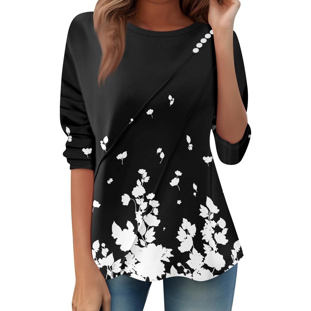 Women's Loose Casual Long Sleeve Top Round Neck Button Pull Stripe Prints T Shirt