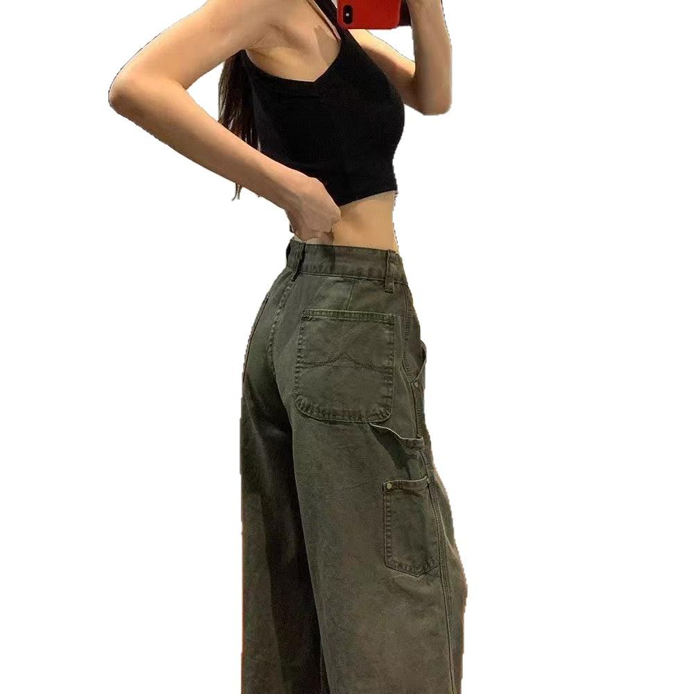 Damen Low Waist Militärgrün Cargo Schlagjeans - Herbstkollektion, Weitbein, Lockere Passform, Schlankmachend, Bodenlang.