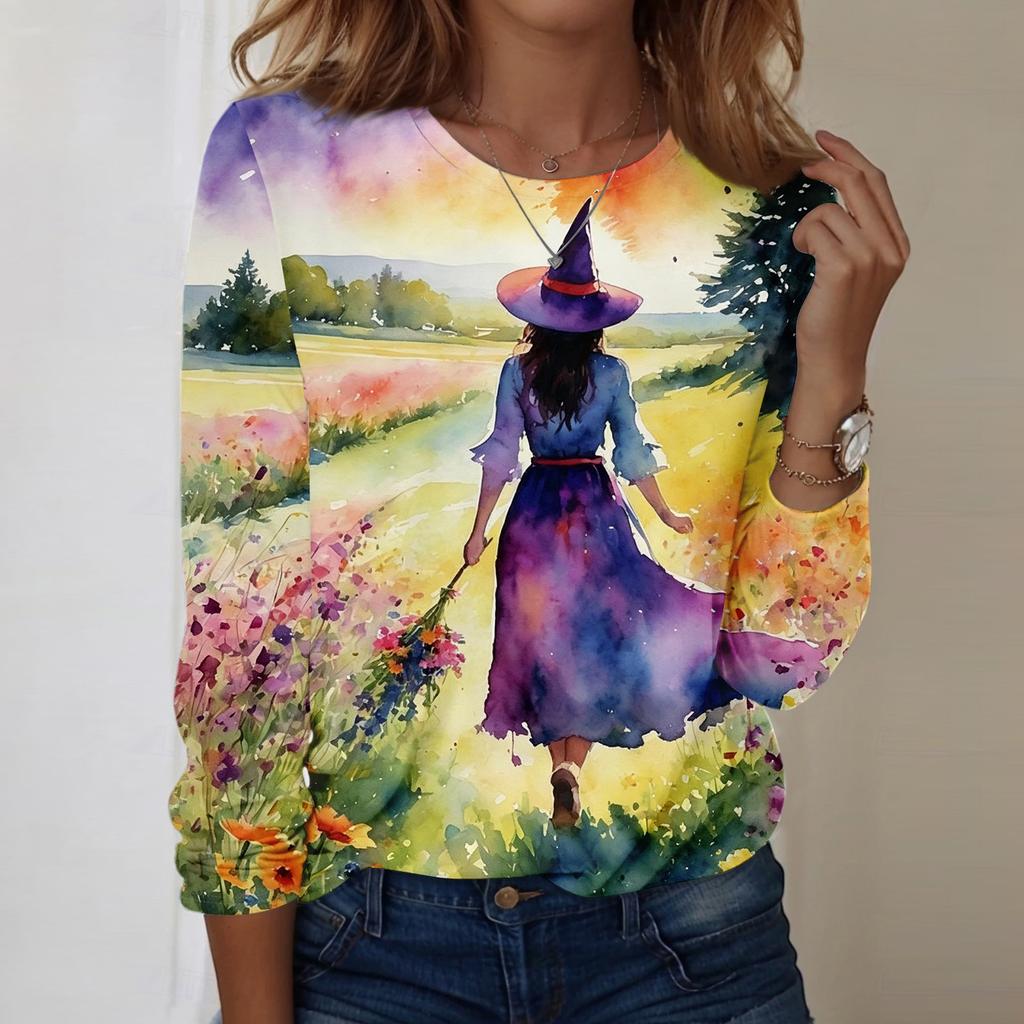 Women's Halloween Print Oversized Long Sleeve Round Neck Top