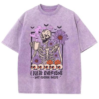 T-shirt Femme Impression Fleur Crâne Tissu Lavé Coton Coupe Ample Manches Courtes Mode de Rue Haut Style Mignon Tee