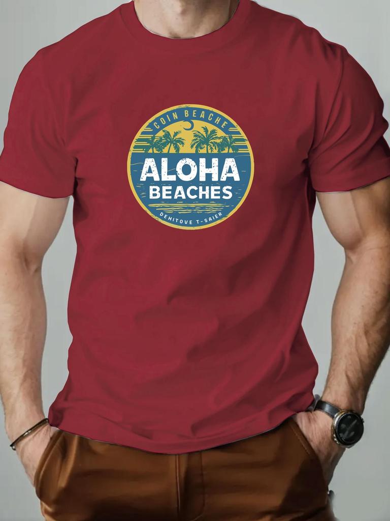 2025 New Hot Sale Mens Summer Short Sleeve TShirt with Aloha Beaches Retro Palm Tree Print Casual Soft Breathable Cotton Tee