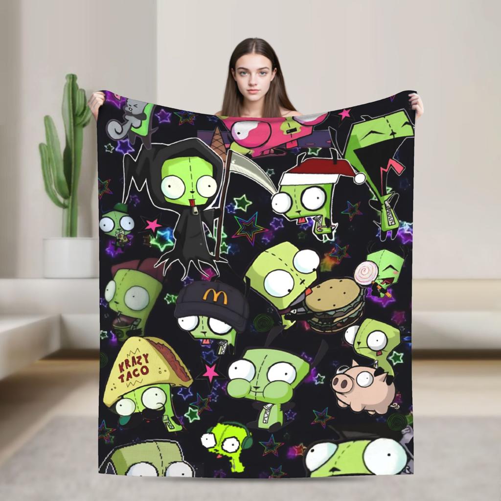 Gir Invader Zim Cartoon  Throw Blanket  Flannel Bedspread For Couch Chair Sofa Bed Funny Sofa Bed Cover
