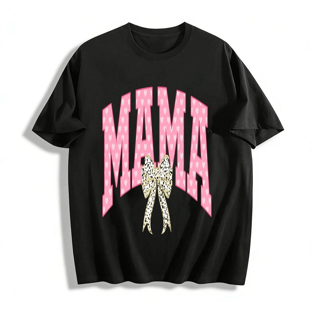 Heart Pattern MAMA Print Bow Decor Casual Short Sleeve Top Pure cotton T-shirt XXS