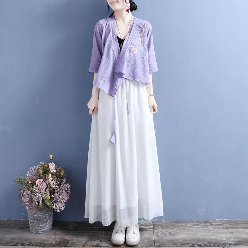 2024 Dámský top ve stylu zen, bavlněno-lněný, vyšívaný, se šikmým zapínáním, s polovičním rukávem, šněrovací