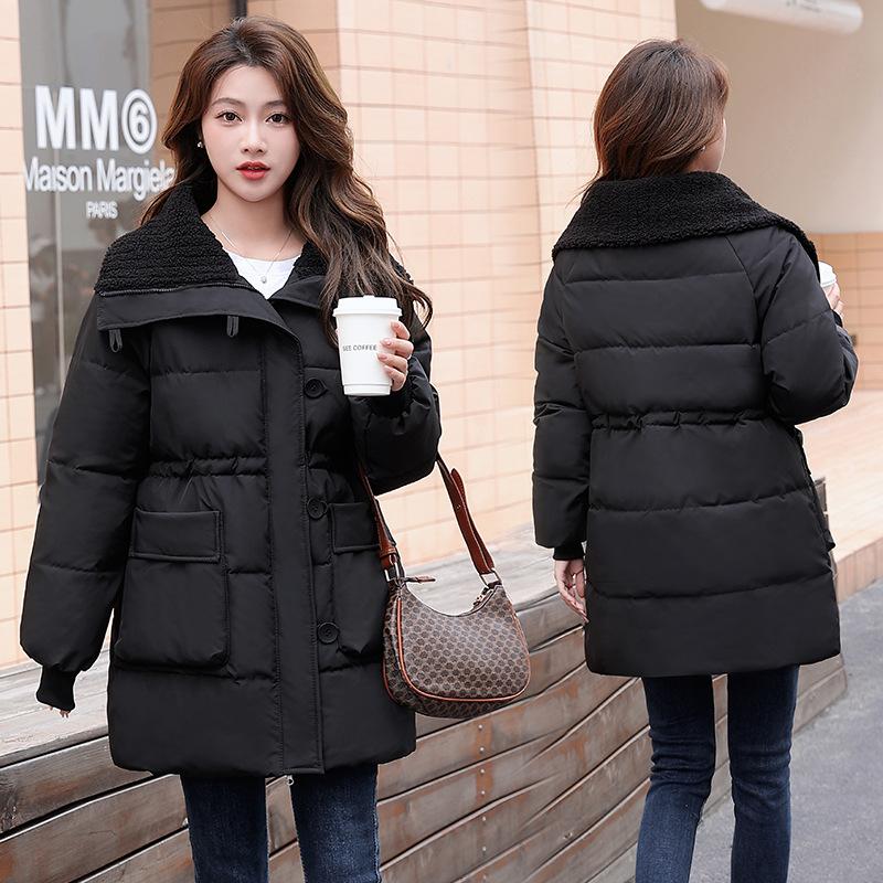 Dopamine rose red medium and long down cotton-padded clothes, autumn and winter new over-the-knee thickened large lapel jacket