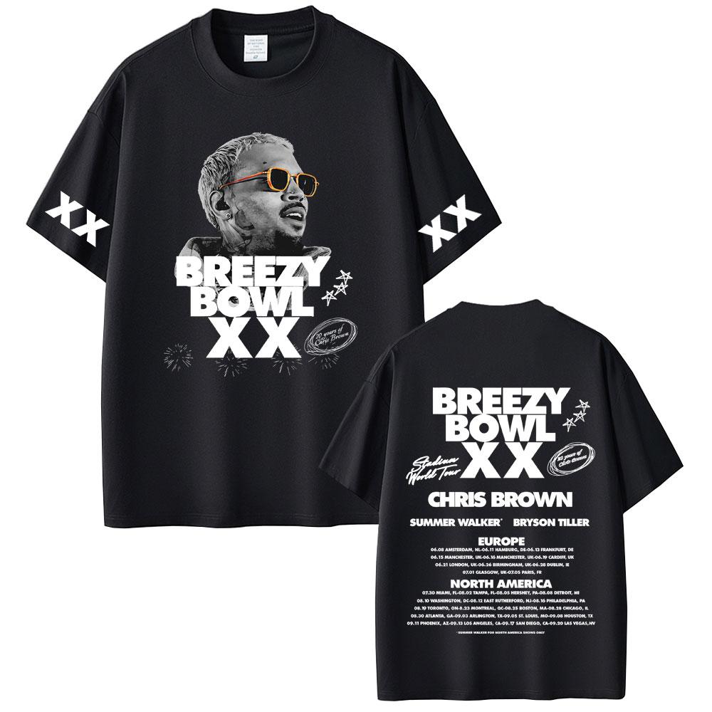 Rapper Chris Brown Breezy Bowl XX Tour 2025 Tshirt Unisex Women Hip Hop Fashion Oversized Short Sleeve T Shirts Streetwear Unisex