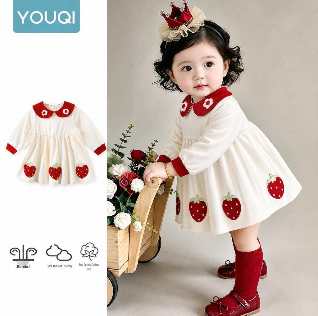 Youqi Red Princess Dress for Baby Girls' 100-Day and First Birthday Autumn Wear