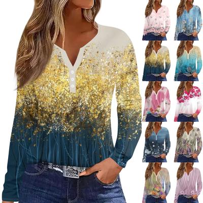 Women's Fashion Casual Printed V-Neck Long Sleeve Decorative Button T-Shirt Top